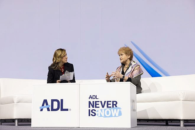 Journalist Abigail Pogrebin (left) interviews Deborah Lipstadt, U.S. special envoy to monitor and combat antisemitism, at the Anti-Defamation League's "Never Is Now" conference, held in New York on March 6-7, 2024. Credit: ADL.