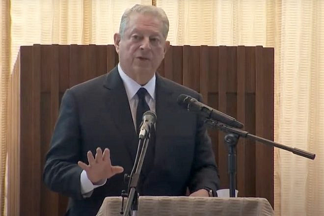 Former U.S. Vice President Al Gore delivers a eulogy for his former running mate, Joe Lieberman, at the latter's funeral at Congregation Agudath Sholom in Stamford, Conn., on March 29, 2024. Source: YouTube/AP.
