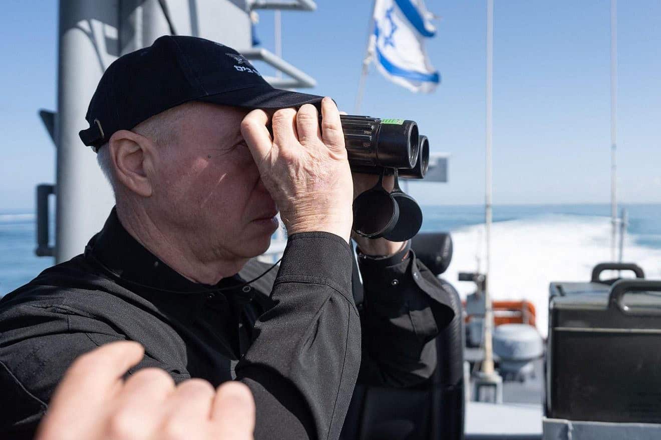 Israeli Defense Minister Yoav Gallant aboard a Dvora–type Israel Navy fast patrol boat off the coast of Gaza, March 10, 2024. Credit: Elad Malka.