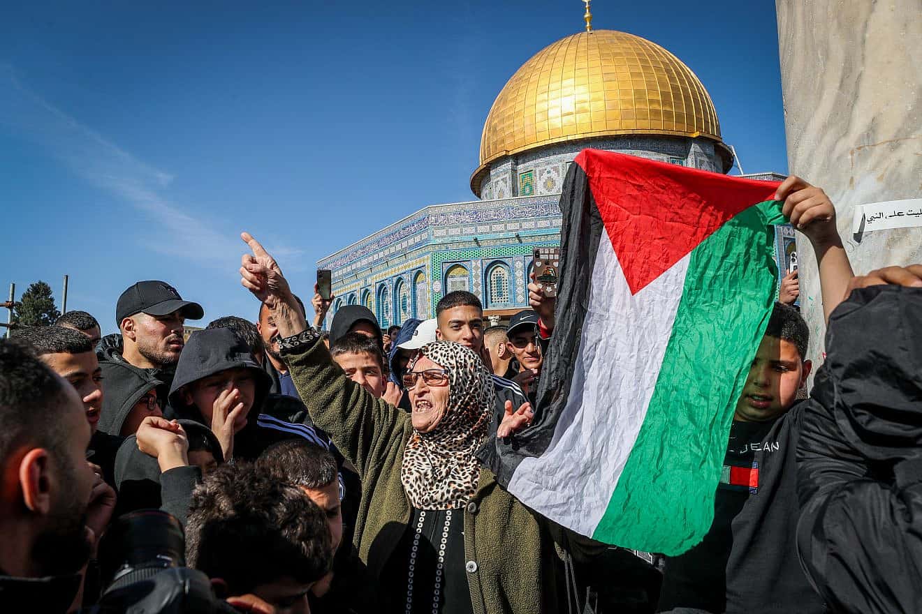 Palestinians protest after Friday prayers on the Temple Mount in Jerusalem, Jan. 27, 2023. Photo by Jamal Awad/Flash90.
