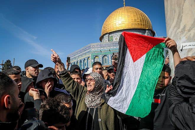 Palestinians protest after Friday prayers on the Temple Mount in Jerusalem, Jan. 27, 2023. Photo by Jamal Awad/Flash90.