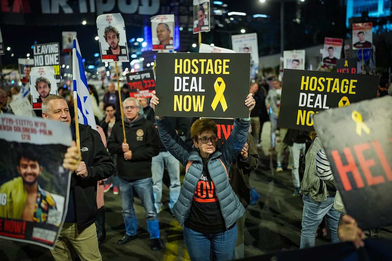 Demonstrators protest calling for the release of Israeli hostages held in the Gaza Strip, outside Hakirya Base in Tel Aviv, March 23, 2024. Photo by Erik Marmor/Flash90.