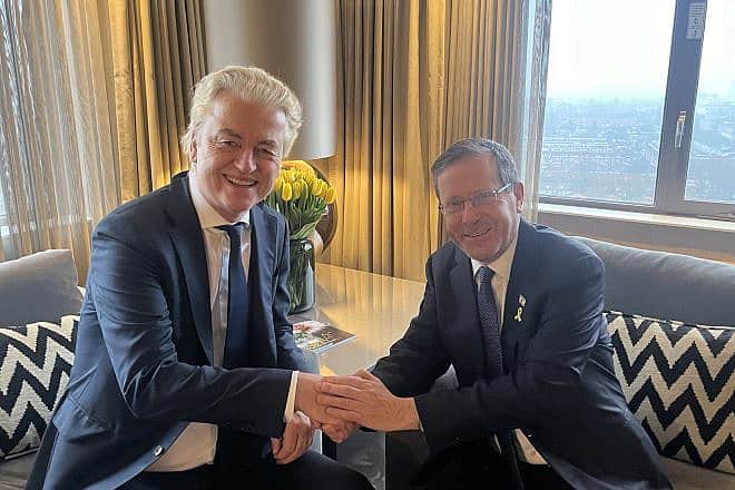 Dutch Party for Freedom leader Geert Wilders (left) meets with Israeli President Isaac Herzog in Amsterdam, March 11, 2024. Credit: Geert Wilders/X.