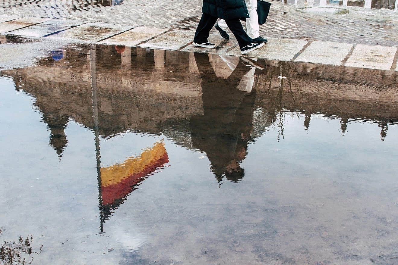 The flag of Germany reflected in a puddle. Credit: wal_172619/Shutterstock.