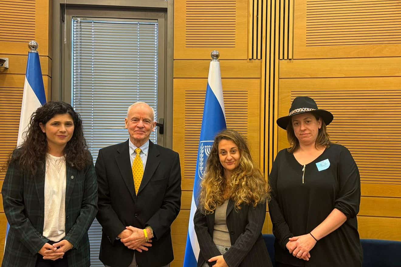 From left, MK Sharren Haskel, former UNRWA legal adviser James G. Lindsay, Mindset-PCS managing director Ophelie Namiech and University of Reading Professor Rosa Freedman at the Knesset in Jerusalem, March 17, 2024. Credit: Courtesy.