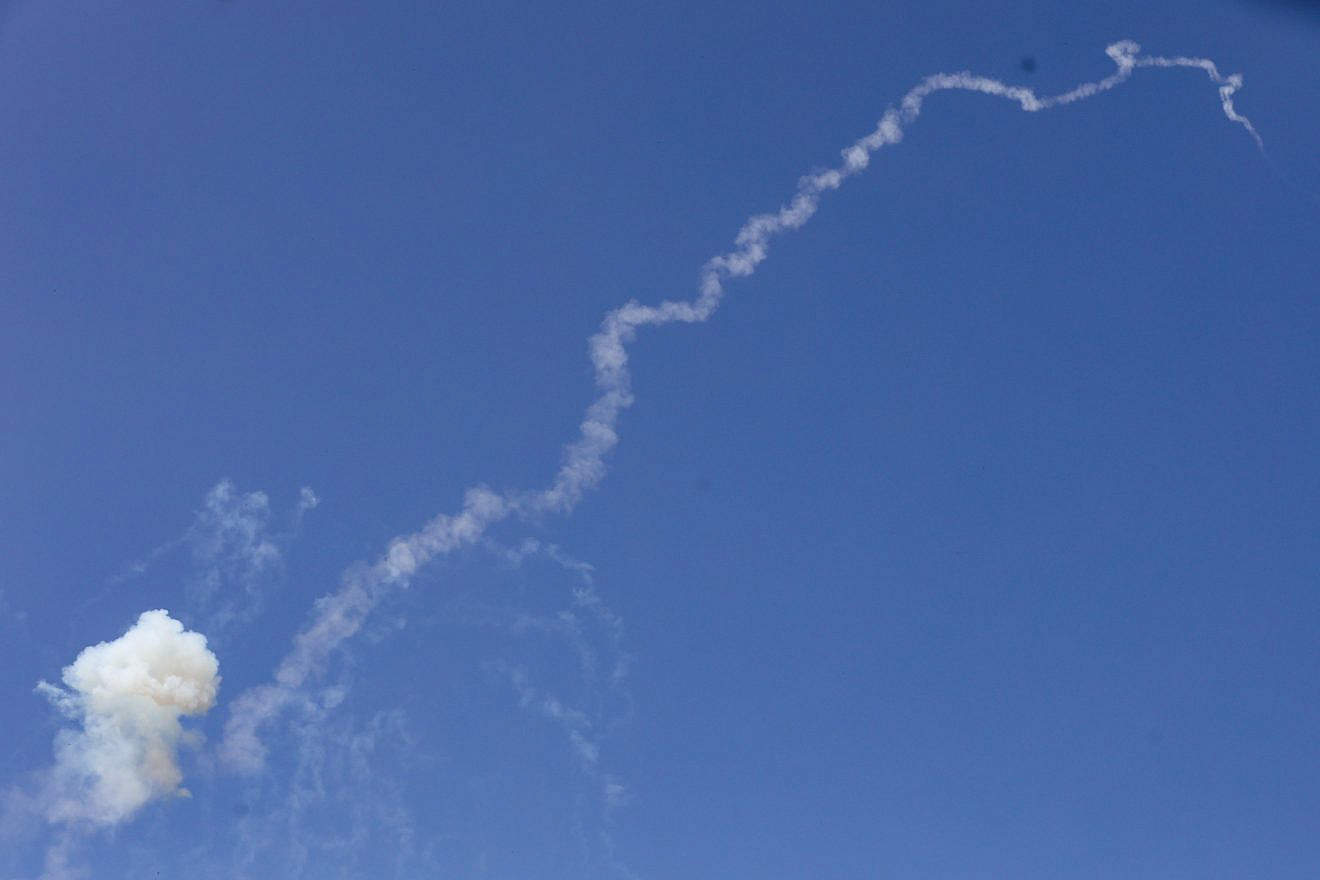 The trail left in the sky by a Patriot missile, as seen in the northern Israeli city of Safed on March 28, 2024. Photo by David Cohen/Flash90.
