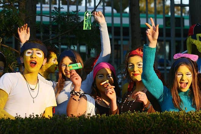 Israeli girls dressed up to celebrate the Jewish holiday of Purim in Jerusalem. The festival of Purim celebrates the deliverance of the Jews of Persia from Haman's plot to annihilate them. Photo by Orel Cohen/Flash90.