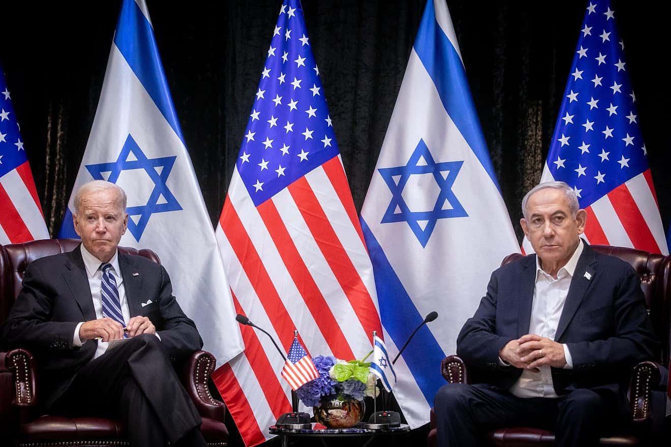 U.S. President Joe Biden and Israeli Prime Minister Benjamin Netanyahu speak to reporters in Tel Aviv, Oct. 18, 2023. Photo by Miriam Alster/Flash90.