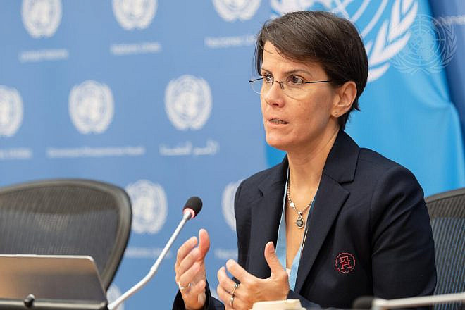 Reem Alsalem, U.N. special rapporteur on violence against women and girls, its causes and consequences, briefs reporters following the presentation of her report to the Third Committee of the UN General Assembly on Oct. 3, 2023. Credit: Rick Bajornas/U.N. Photo.