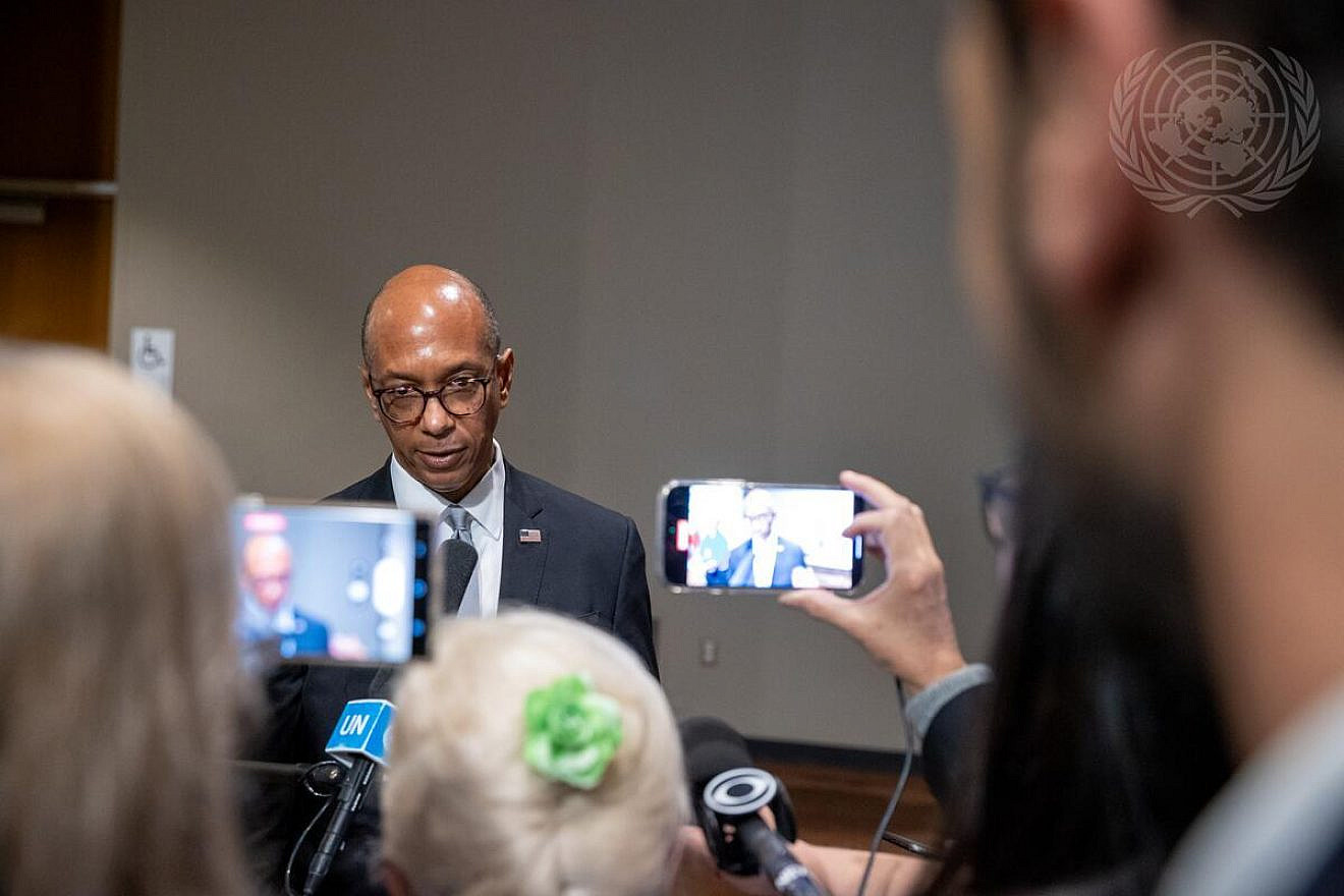 Robert Wood, deputy permanent U.S. representative to the United Nations, briefs reporters after the closed Security Council meeting on the situation in the Middle East on Oct. 8, 2023. Credit: Paulo Filgueiras/U.N. Photo.