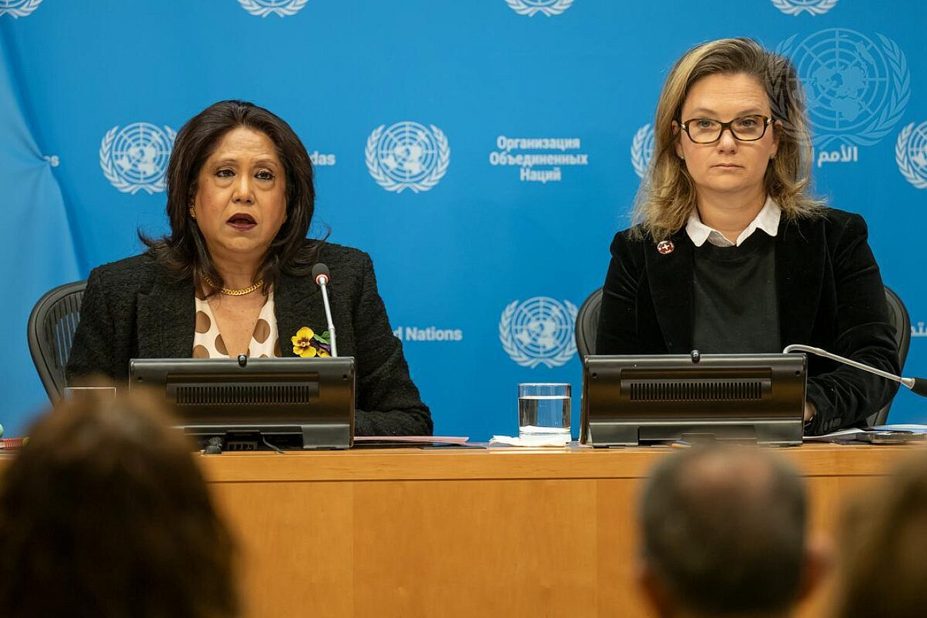 Pramila Patten (left), special representative of the U.N. secretary-general on sexual violence in conflict, and Chloe Marnay-Baszanger, leader of the team of experts on the rule of law and sexual violence in conflict, brief reporters at U.N. Headquarters on March 4, 2024. Credit: Mark Garten/U.N. Photo.
