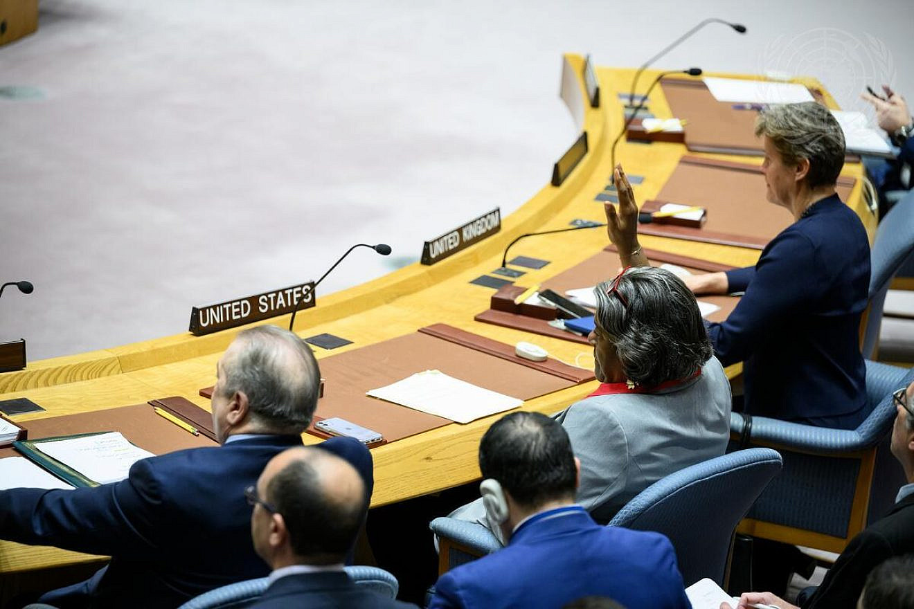 The U.N. Security Council adopts Resolution 2728 (2024) 14-0, demanding an immediate ceasefire to Israel's war with Hamas in the Gaza Strip during Ramadan and immediate release of all hostages taken from Israel and being held in Gaza, with Washington abstaining, March 25, 2024. Credit: Loey Felipe/U.N. Photo.