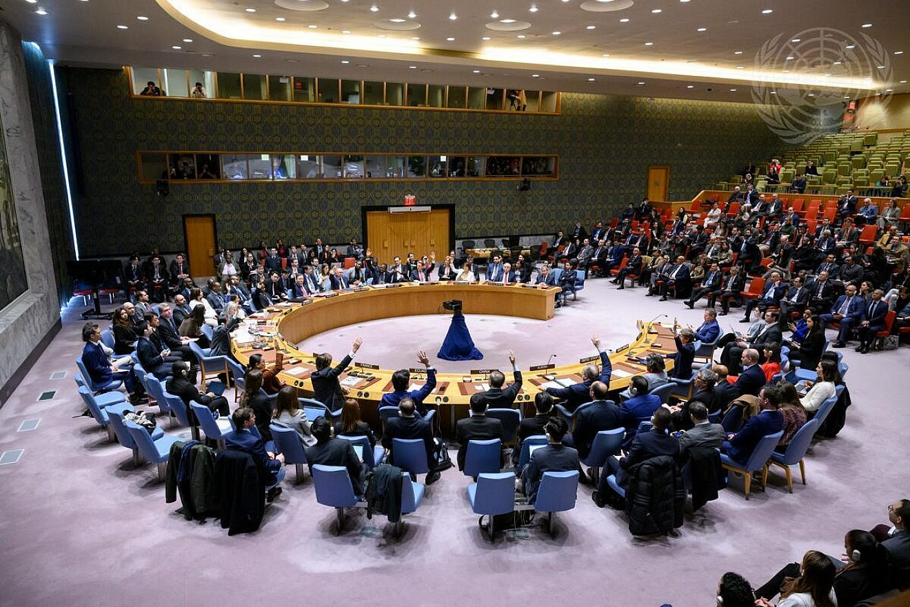 The U.N. Security Council adopts Resolution 2728 in a 14-0 vote, with the U.S. abstaining, demanding an immediate ceasefire to Israel's war with Hamas in the Gaza Strip during Ramadan, March 25, 2024. Credit: Loey Felipe/U.N. Photo.