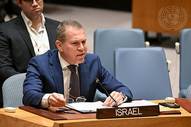 Israeli Ambassador Gilad Erdan addresses the U.N. Security Council, March 25, 2024. Credit: Evan Schneider/U.N. Photo.