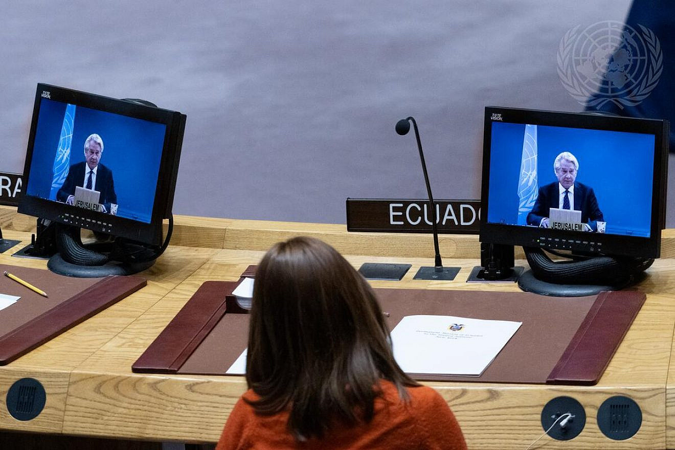 Tor Wennesland (on screen), U.N. special coordinator for the Middle East peace process, briefs the United Nations Security Council meeting on the situation in the Middle East, including the Palestinian question, on March 26, 2024. Credit: Eskinder Debebe/U.N. Photo.