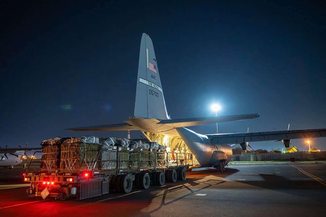 Over 38,000 Meals Ready to Eat and water destined for an airdrop over Gaza are loaded aboard a U.S. Air Force C-130J Super Hercules at an undisclosed location in Southwest Asia March 1, 2024. Credit: U.S. Air Force.