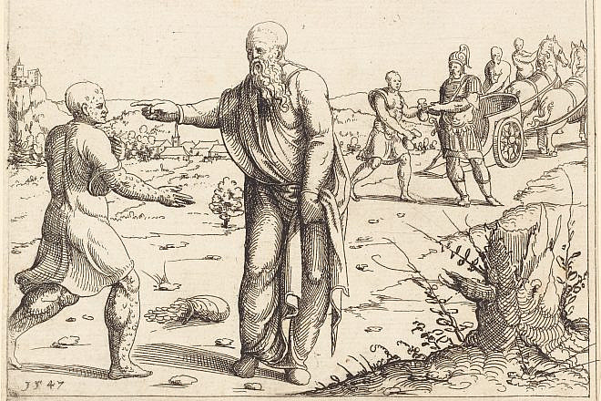 Augustin Hirschvogel’s 1547 etching of the prophet Elisha punishing Gehazi with Na’aman’s leprosy in 2 Kings 5. Credit: Rosenwald Collection, National Gallery of Art, Washington, D.C.