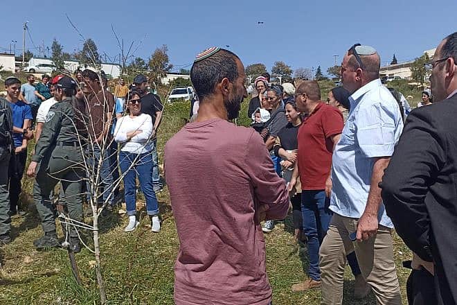 Residents of Nokdim in the Judean Desert protest a decision to uproot trees near the community, March 21, 2024. Credit: Courtesy.