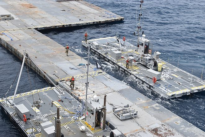 Construction of the floating pier in the Mediterranean. Credit: U.S. Central Command.
