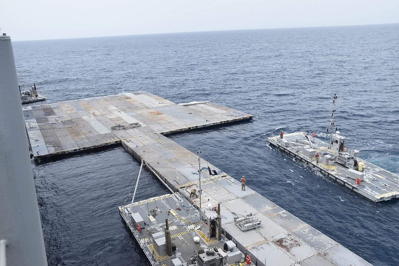Construction of the floating pier in the Mediterranean. Credit: U.S. Central Command.