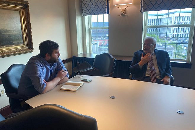 JNS reporter Andrew Bernard (left) interviews David Friedman, former U.S. ambassador to Israel, at the Heritage Foundation in Washington on April 15, 2024. Credit: Courtesy.