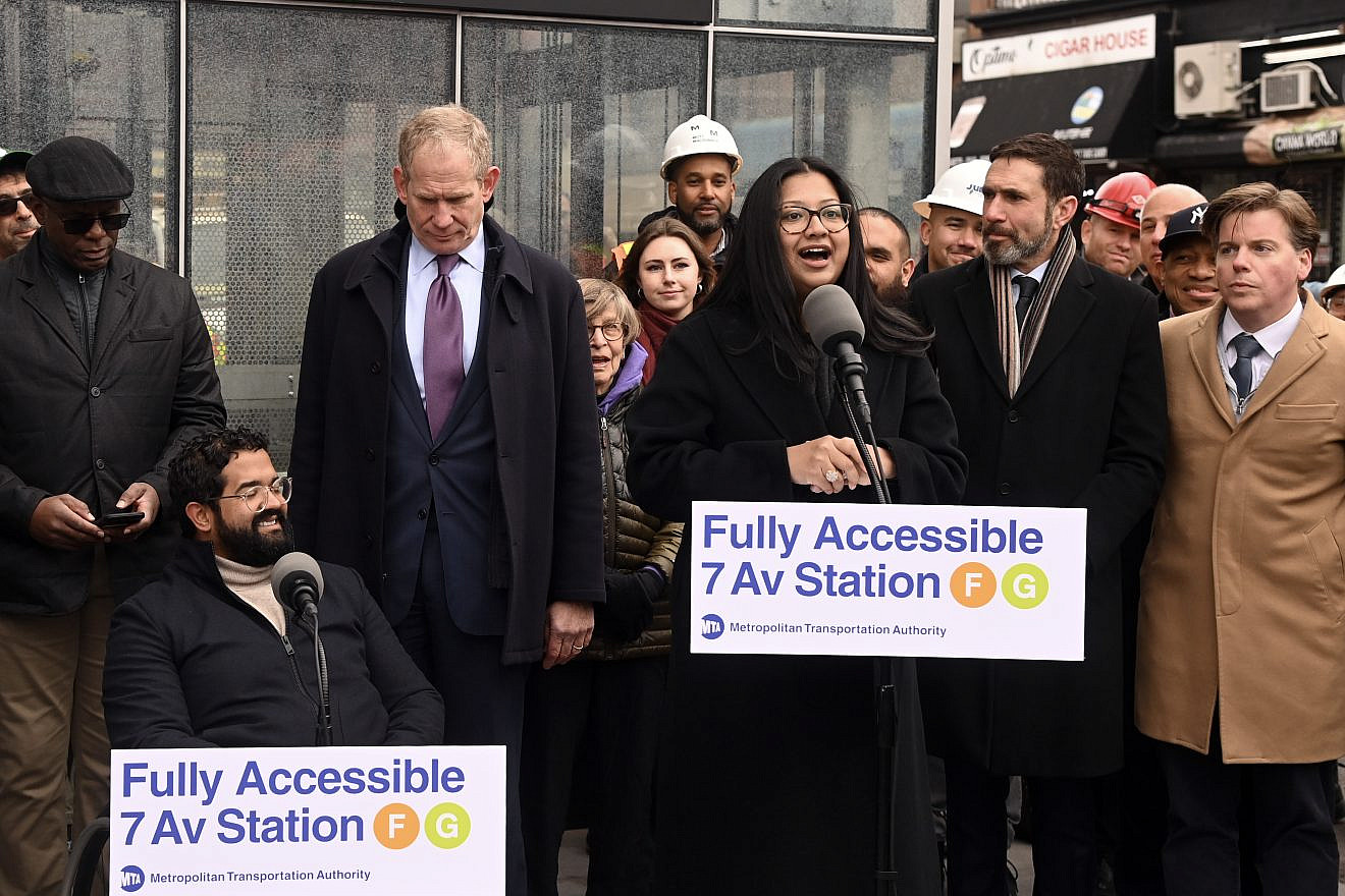 Shahana Hanif, a member of the New York City Council, speaks alongside MTA Chair and CEO Janno Lieber announcing the opening of accessible elevators at the 7th Avenue station on the F/G lines on Nov, 21, 2023. Credit: Marc Hermann/Metropolitan Transportation Authority.