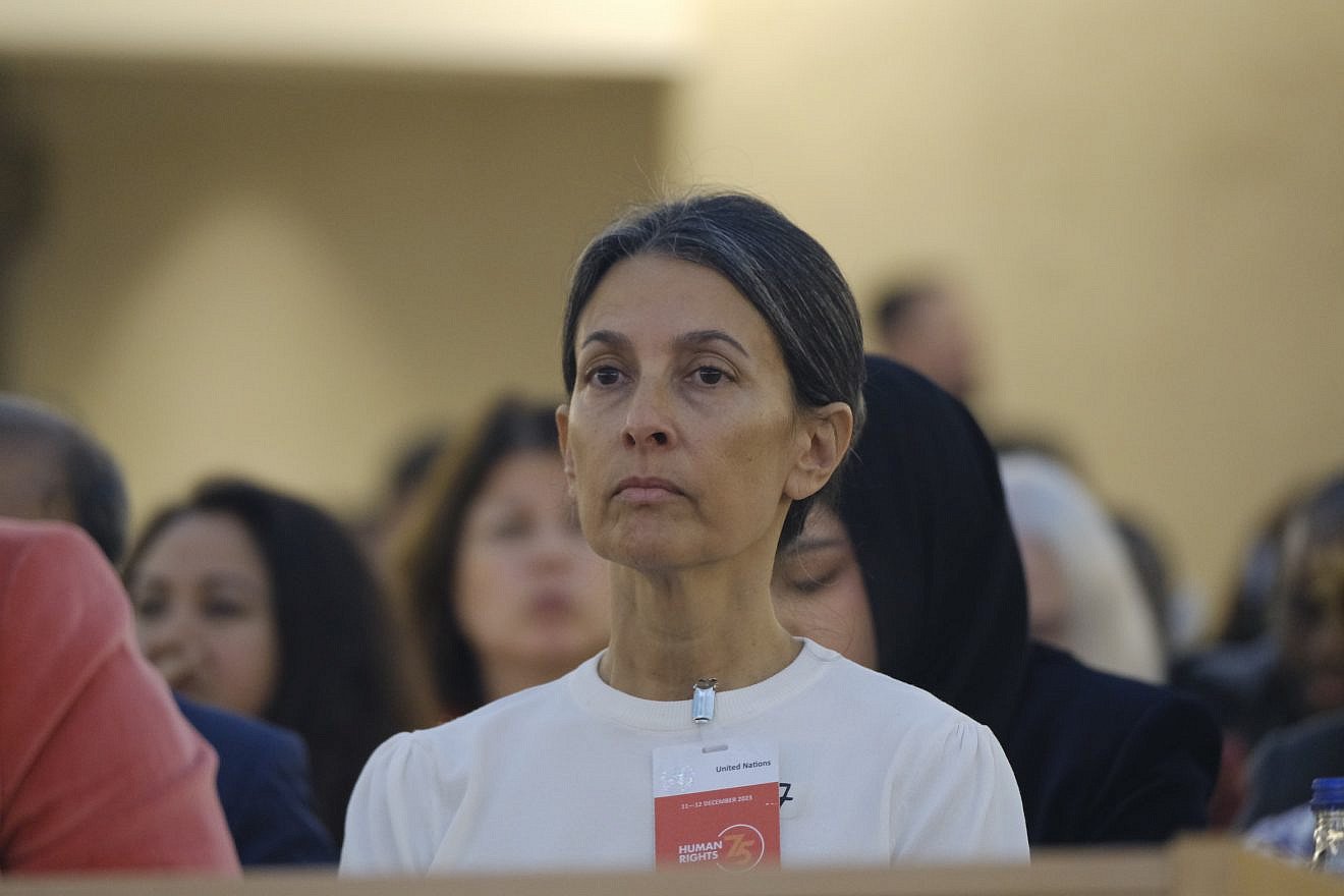 Rachel Goldberg-Polin, the mother of the American-Israeli hostage Hersh Golderg-Polin, calls for the release of the hostages being held in the Gaza Strip as the United Nations celebrates the 75th anniversary of the adoption of the Universal Declaration for Human Rights in Geneva. Credit: Nathan Chicheportiche/Permanent Mission of Israel in Geneva.