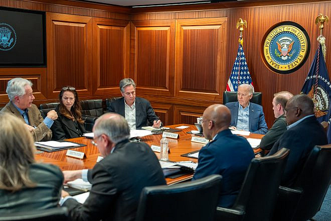 U.S. President Joe Biden meets with member of the national security team regarding the unfolding missile attacks on Israel from Iran on April 13, 2024, in the White House Situation Room. Credit: Adam Schultz/White House.