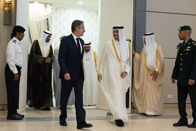 Secretary of State Antony Blinken walks with Mohammed bin Abdulrahman Al Thani, prime minister and foreign minister of Qatar, to a meeting of the Gulf Cooperation Council foreign ministers in Riyadh on April 29, 2024. Photo by Chuck Kennedy/U.S. State Department.
