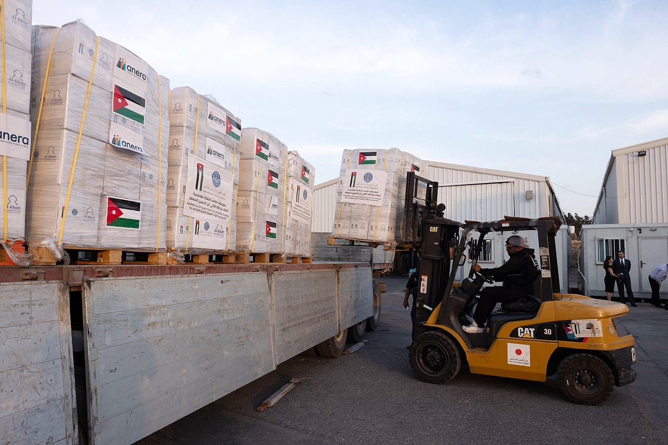 A warehouse with humanitarian aid bound for the Gaza Strip, at the Jordanian Hashemite Charity Organization in Amman, Jordan, on April 30, 2024. Credit: Chuck Kennedy/U.S. State Department.