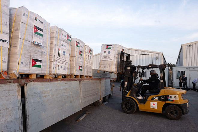 A warehouse with humanitarian aid bound for the Gaza Strip, at the Jordanian Hashemite Charity Organization in Amman, Jordan, on April 30, 2024. Credit: Chuck Kennedy/U.S. State Department.
