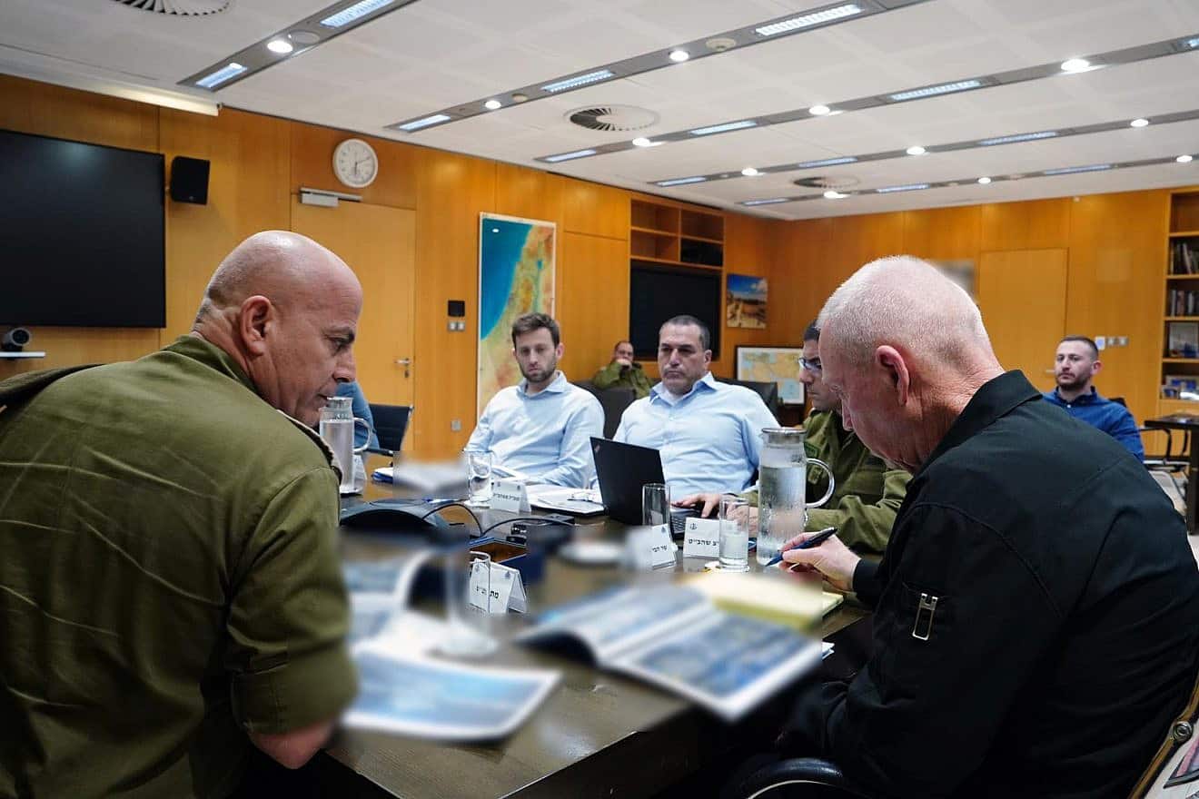 Israeli Defense Minister meets with senior security officials to discuss plans for an invasion of Rafah, April 15, 2024. Credit: Ariel Hermoni/Defense Ministry.