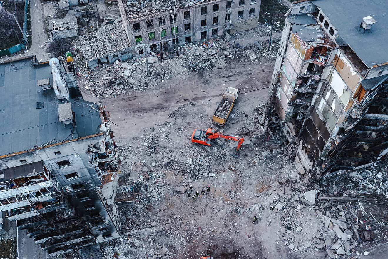 Apartment buildings in Borodyanka, Kyiv region, destroyed by drones during the Russia-Ukraine War, Credit: Rms_UA/Shutterstock.
