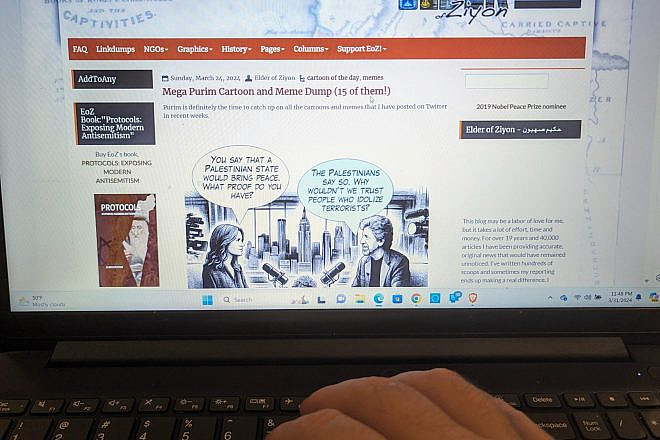 The anonymous blogger who goes by "Elder of Ziyon" types on his nearly 20-year-old website on March 31, 2024. Credit: Courtesy.
