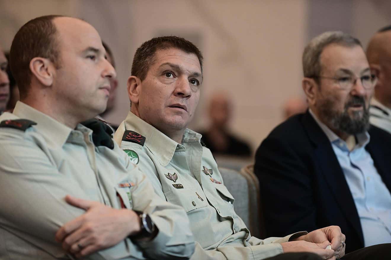 IDF Intelligence Directorate head Maj. Gen. Aharon Haliva (center) attends a conference of the Gazit Institute in Tel Aviv alongside former Prime Minister Ehud Barak, Nov. 5, 2022. Photo by Tomer Neuberg/Flash90.