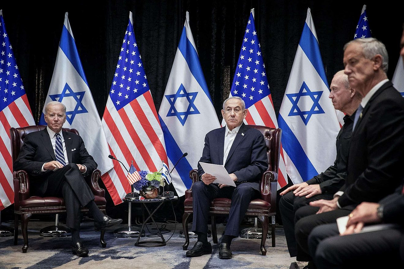 Israeli Prime Minister Benjamin Netanyahu meets with U.S. President Joe Biden in Tel Aviv, Oct. 18, 2023. Source: Miriam Alster/Flash90