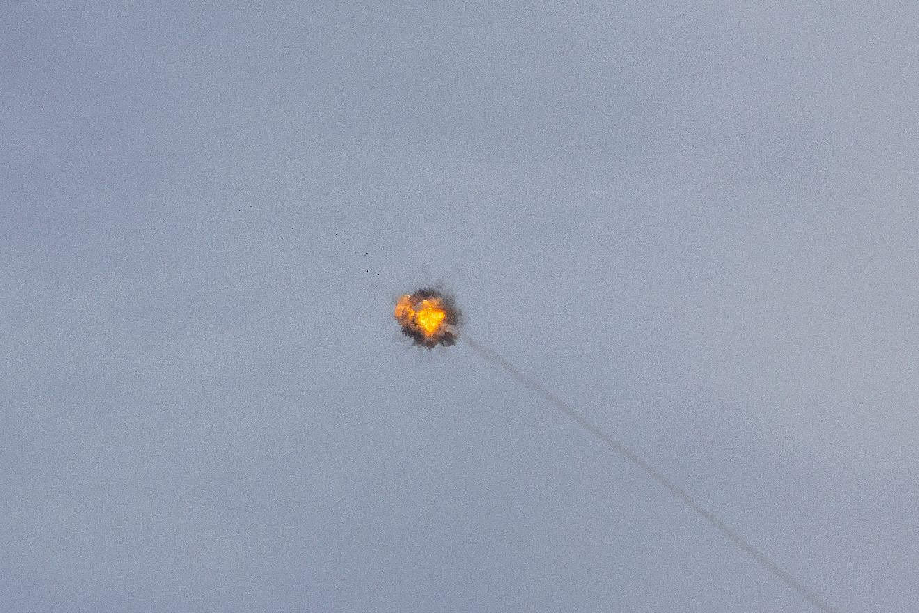 An Iron Dome anti-missile battery intercepts a rocket fired from the Gaza Strip at Israel, Jan. 21, 2024. Photo by Chaim Goldberg/Flash90.