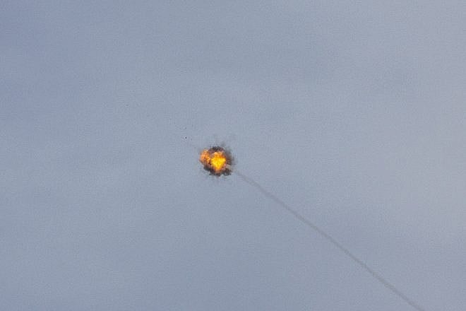 An Iron Dome anti-missile battery intercepts a rocket fired from the Gaza Strip at Israel, Jan. 21, 2024. Photo by Chaim Goldberg/Flash90.