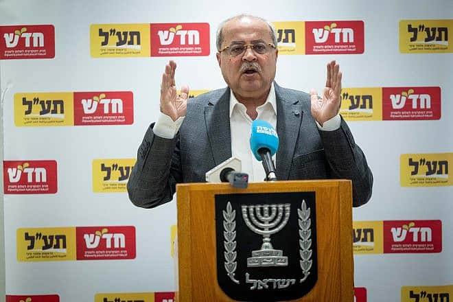Israeli Arab lawmaker Ahmad Tibi of the Hadash-Ta'al Party speaks at a faction meeting at the Knesset, Feb. 19, 2024. Photo by Yonatan Sindel/Flash90.