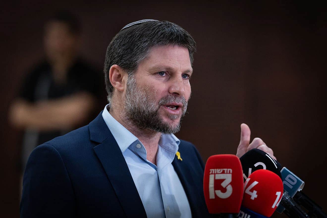 Israeli Finance Minister Bezalel Smotrich holds a press conference at the Knesset in Jerusalem, March 13, 2024. Photo by Yonatan Sindel/Flash90.