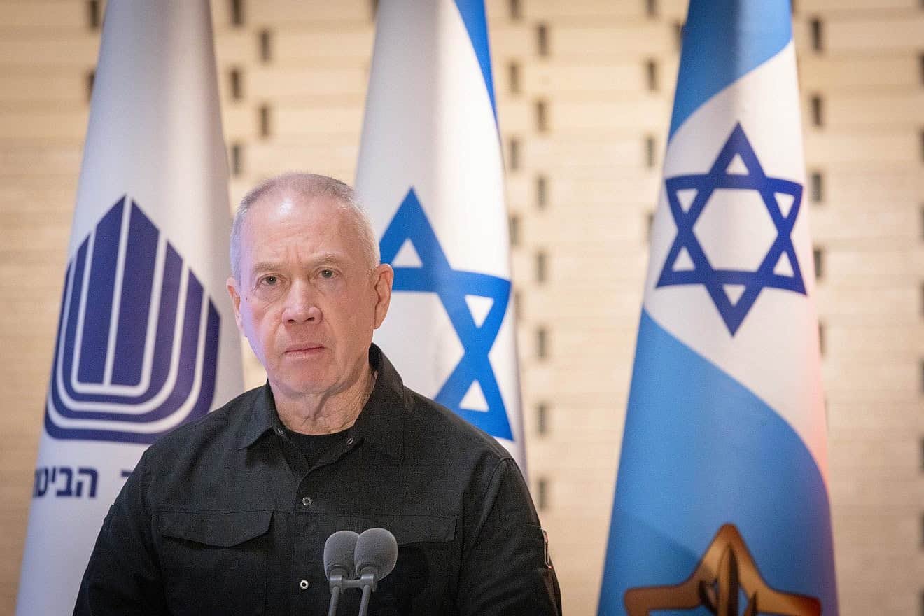 Israeli Defense Minister Yoav Gallant attends a state ceremony for fallen Israeli soldiers whose burial place is unknown at Mount Herzl Military Cemetery in Jerusalem, March 17, 2024. Photo by Chaim Goldberg/Flash90.