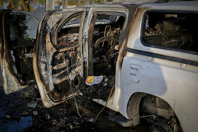 The remains of a car that was part of a convoy of the nonprofit World Central Kitchen that was struck by an April 2, 2024 airstrike in Gaza. Israel has taken responsibility and is investigating. Credit: Atia Mohammed/Flash90.