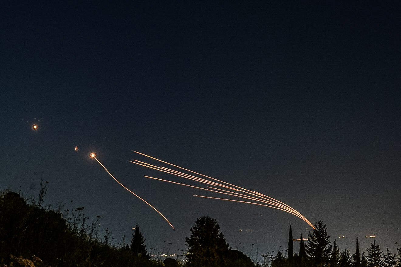 The Iron Dome aerial-defense system fires interceptor missiles at enemy rockets fired from Lebanon, April 12, 2024. Photo by Ayal Margolin/Flash90.