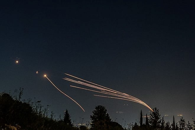 The Iron Dome aerial-defense system fires interceptor missiles at enemy rockets fired from Lebanon, April 12, 2024. Photo by Ayal Margolin/Flash90.