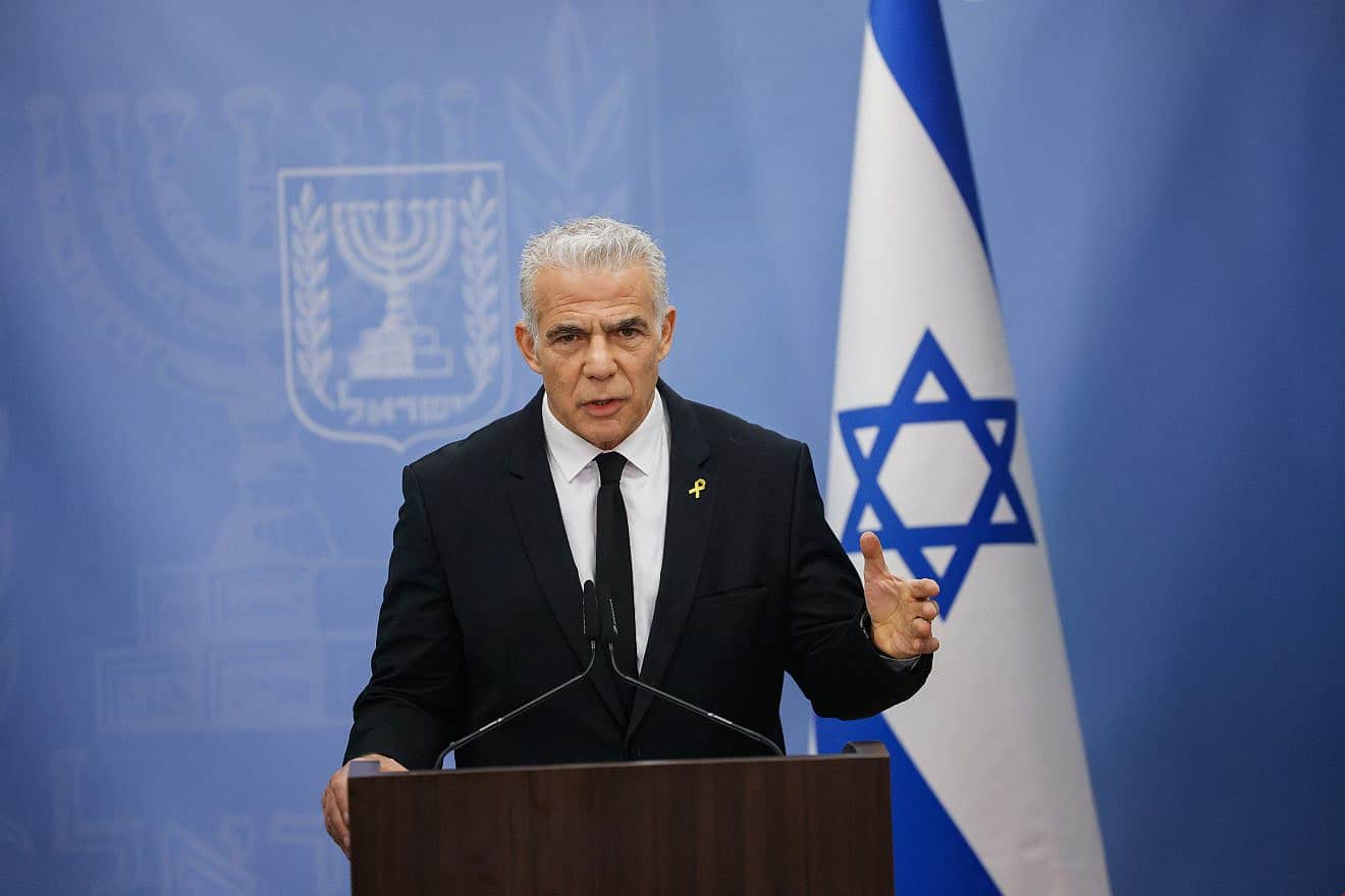 Yesh Atid Party head Yair Lapid leads a faction meeting at the Knesset in Jerusalem, April 15, 2024. Photo by Chaim Goldbergl/Flash90.