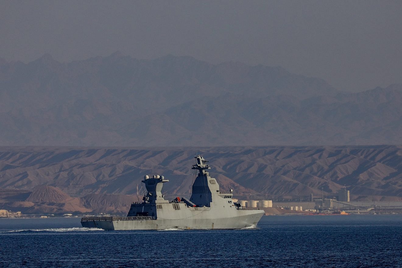 An Israeli Navy Sa'ar 6-class corvette with an Iron Dome aerial-defense battery patrols off the coast of Eilat, April 17, 2024. Photo by Jamal Awad/Flash90.