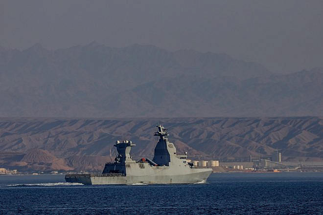 An Israeli Navy Sa'ar 6-class corvette with an Iron Dome aerial-defense battery patrols off the coast of Eilat, April 17, 2024. Photo by Jamal Awad/Flash90.