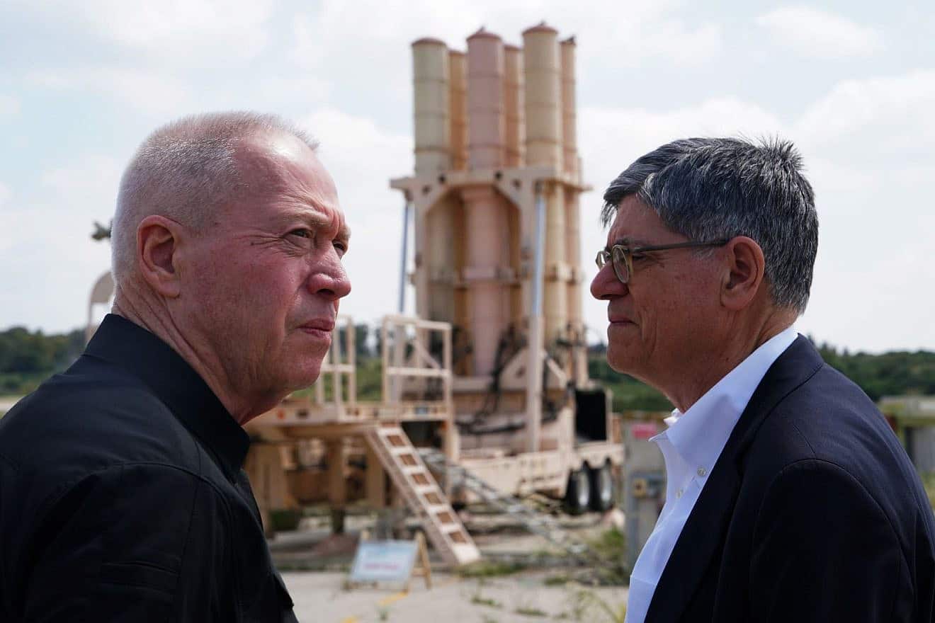 Israeli Defense Minister Yoav Gallant and U.S. Ambassador to Israel, Jack Lew tour an Arrow 3 battery, April 14, 2024. Credit: Ariel Hermoni/Defense Ministry.