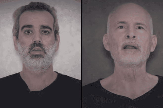 Israeli hostages Omri Miran, 46, and Keith Siegel, 64, who is also a U.S. citizen, are seen in an undated Hamas propaganda video published on April 27, 2024. Source: Screenshots/X.