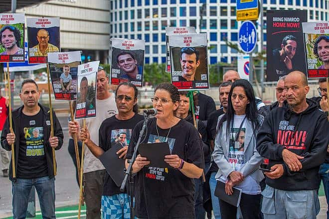 Relatives of Israelis held hostage by Hamas terrorists in Gaza hold a press conference in Tel Aviv, April 13, 2024. Credit: Flash90.